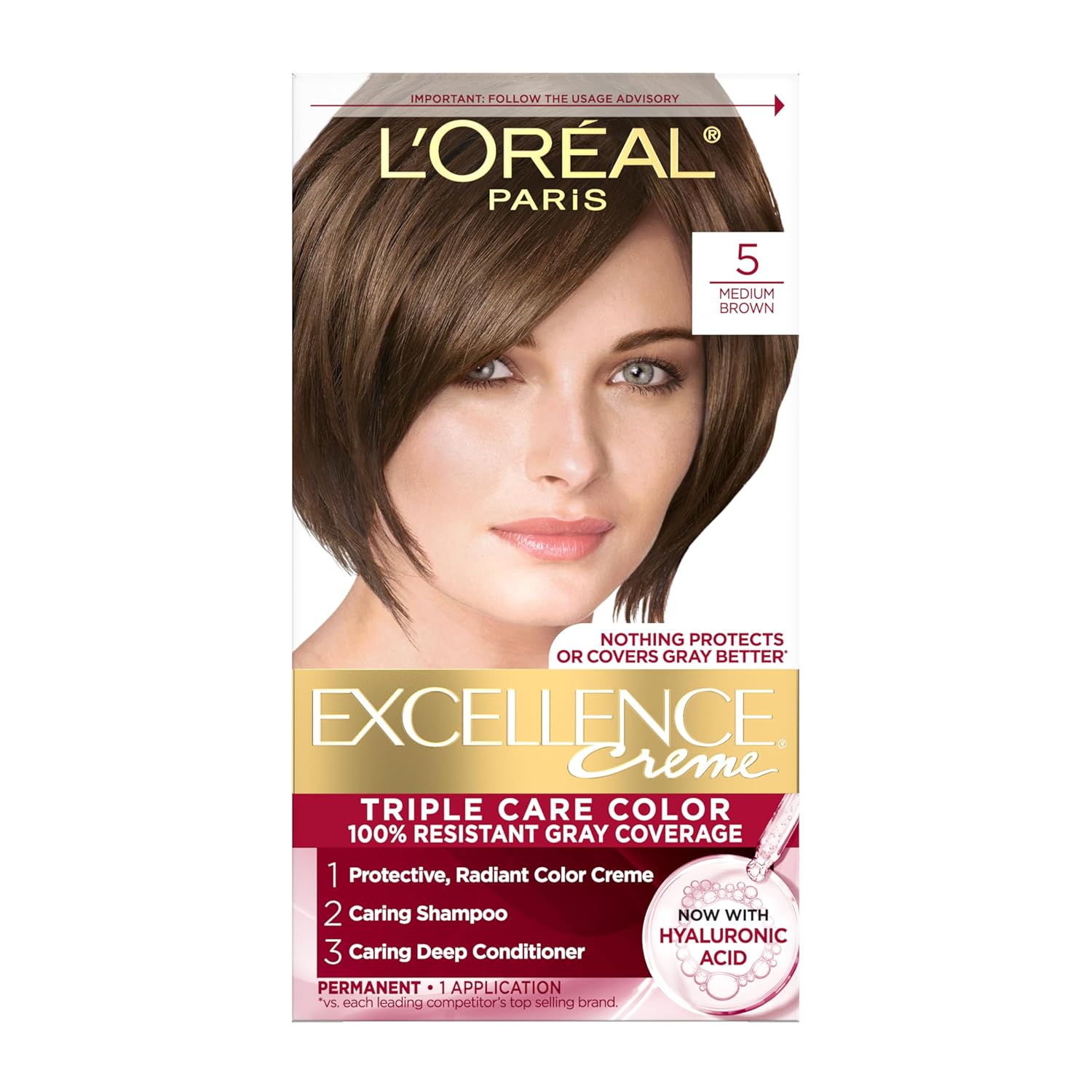 L'Oreal Paris Excellence Crème Permanent Hair Dye, TriTLe Care Hair Color with Hyaluronic Acid for 100% Gray Coverage, 5 Medium Brown, 1 Kit (Packaging May Vary)