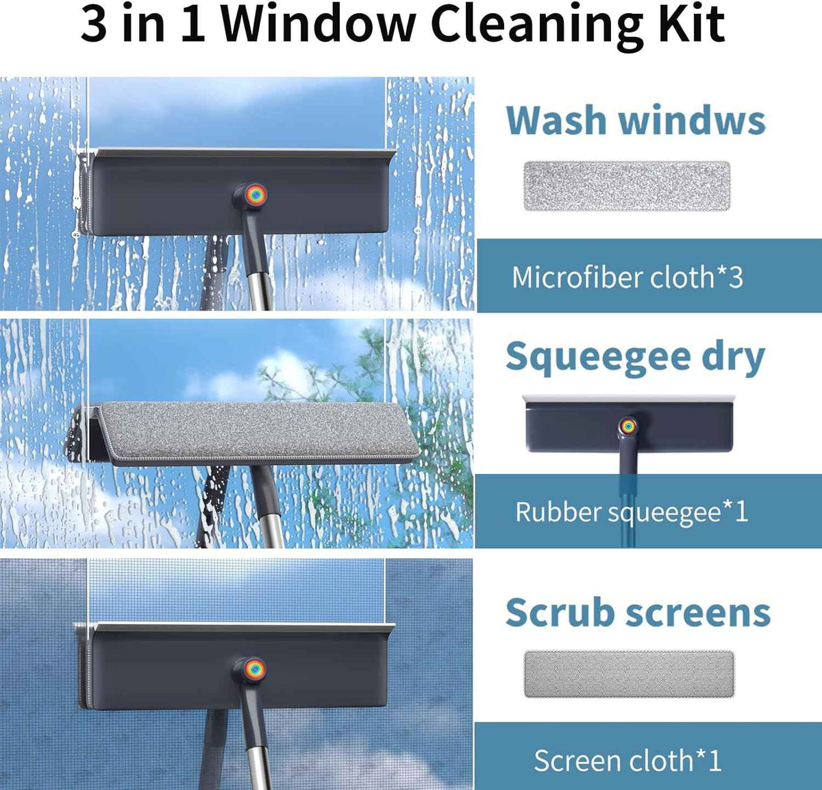 3 in 1 Window Squeegee for Home, Window Cleaning Kit with 60" Extension Pole, Professional Window Cleaner Tool for Outdoor Windows, Glass, Mirrors, Screens with 3 Microfiber Cloths & Screen Brush