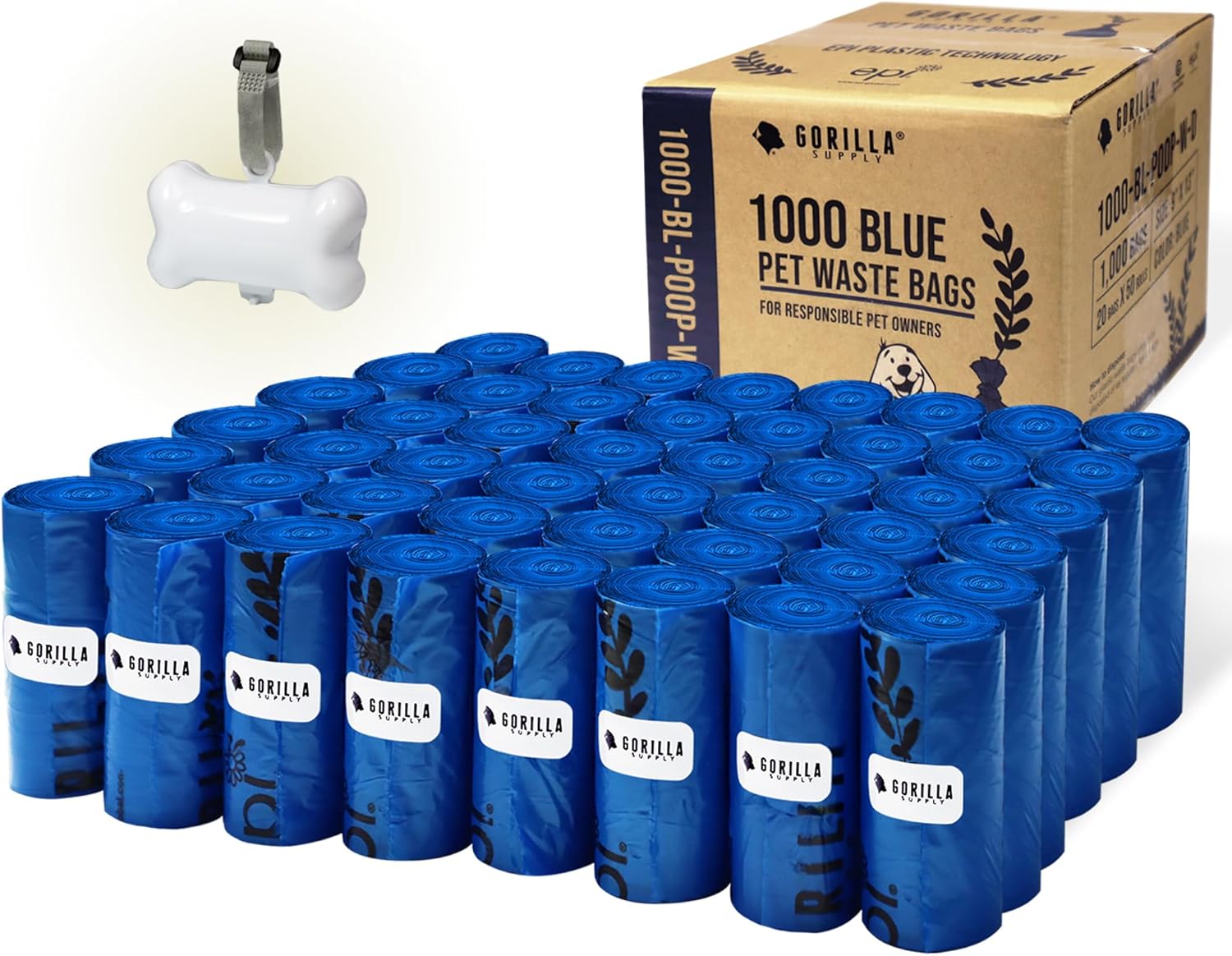 GORILLA SUPTLY 1000 Dog Poop Waste Bags with Dispenser and Leash Tie, 9" x 13", Blue, 1000 Count