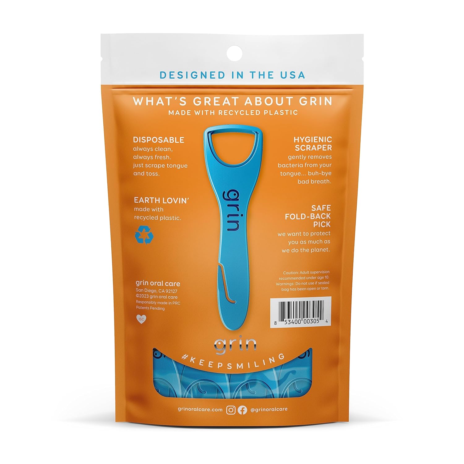 GRIN Tongue Cleaner, 32 Count, Disposable Tongue Cleaner, Hygienic Scraper, Recycled TLastic, Clean Tongue, Promote Fresh Breath, Includes Safe Fold- Back Tooth Pick