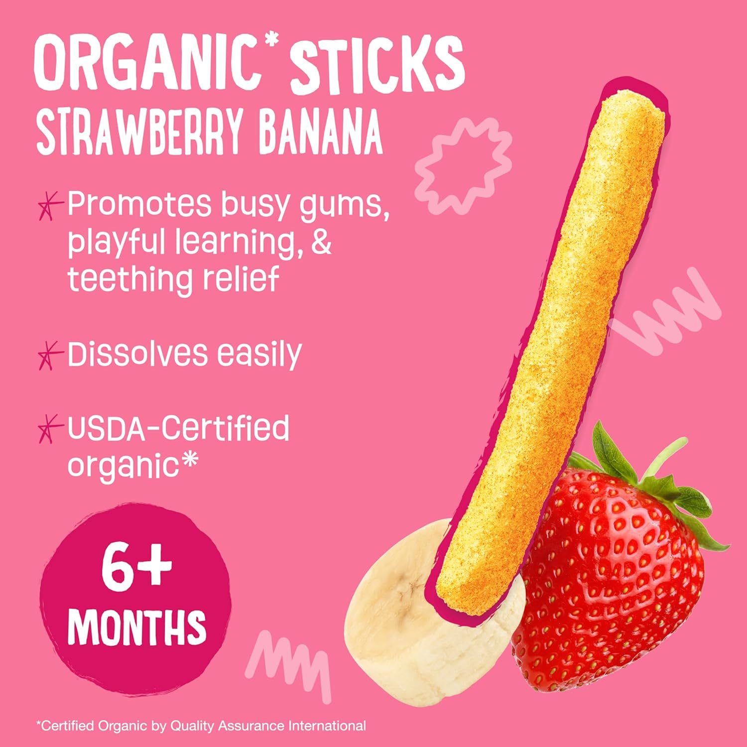 Earth's Best Organic Baby Food - Teething Snack for Babies 6 Months and Older - Strawberry Banana Crunchy Sticks, 5 Pack (.56 oz each)