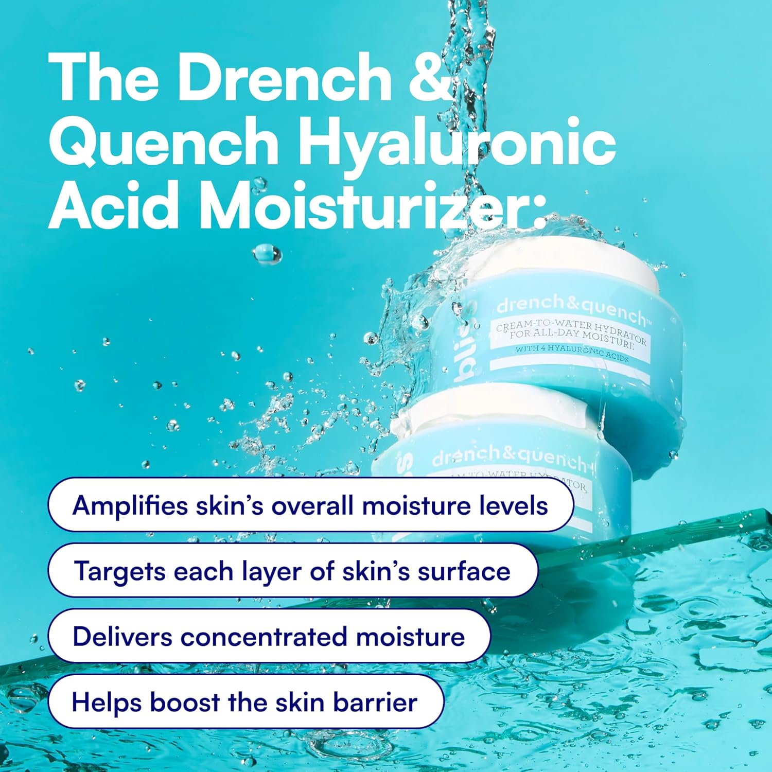 Bliss Drench & Quench Hyaluronic Acid Cream to Water Moisturizer | Lightweight Face Cream with 4 Types of Hyaluronic Acid for All Day Hydration and TLump Skin | Clean Vegan & Cruelty Free 1.7 fl oz
