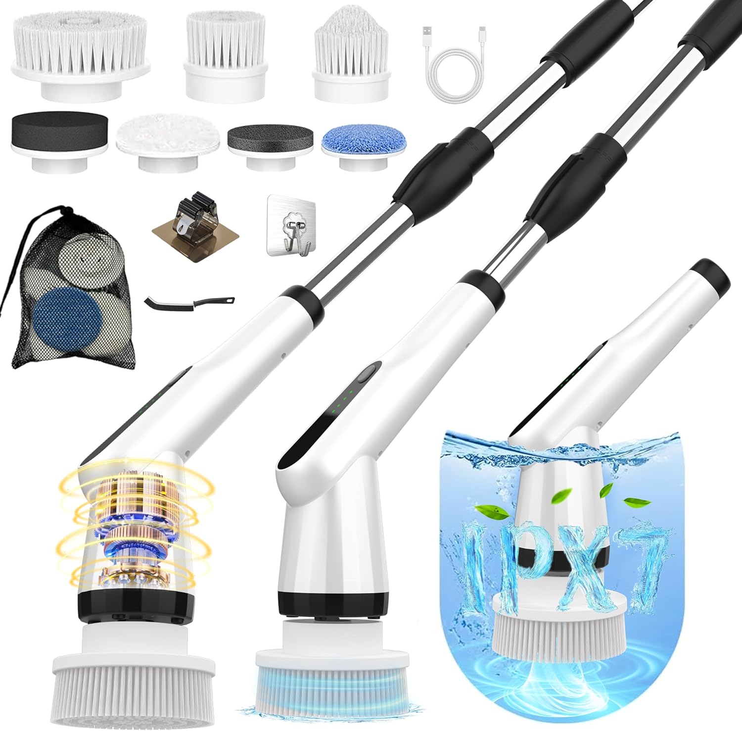 Electric Spin Scrubber, Dreazu IPX7 Shower Scrubber with 7 ReTLaceable Brush Heads & Retractable Handle, 2-Speed Adjustable Shower Cleaner for Bathroom, Bathtub, Kitchen, Tile Floors