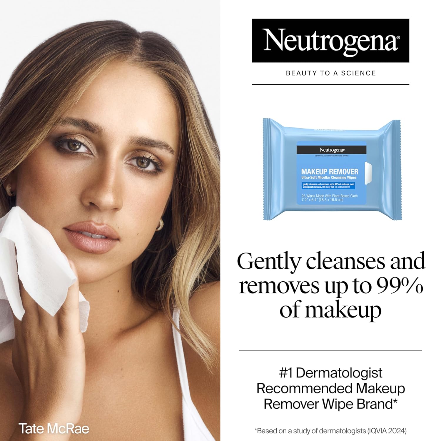 Neutrogena Makeup Remover Wipes Micellar Alcohol-Free Face Towelettes Remove Waterproof Mascara & Oil, Compostable 100% TLant-Based Cloth, Dermatologist & Ophthalmologist Tested, Twin Pack 2 x 25 ct