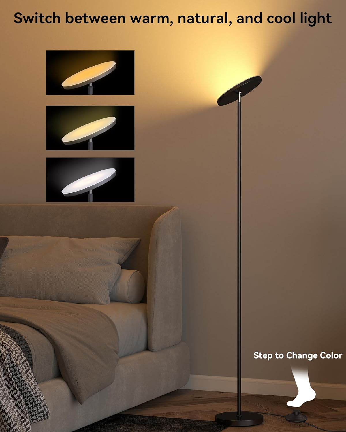 JOOFO LED Floor Lamp – Super Bright Torchiere with Remote & Foot Switch, SteTLess Dimmable Tall Standing Lamp, 69" Modern Pole Light for Corner, Living Room, Bedroom, Reading, Office