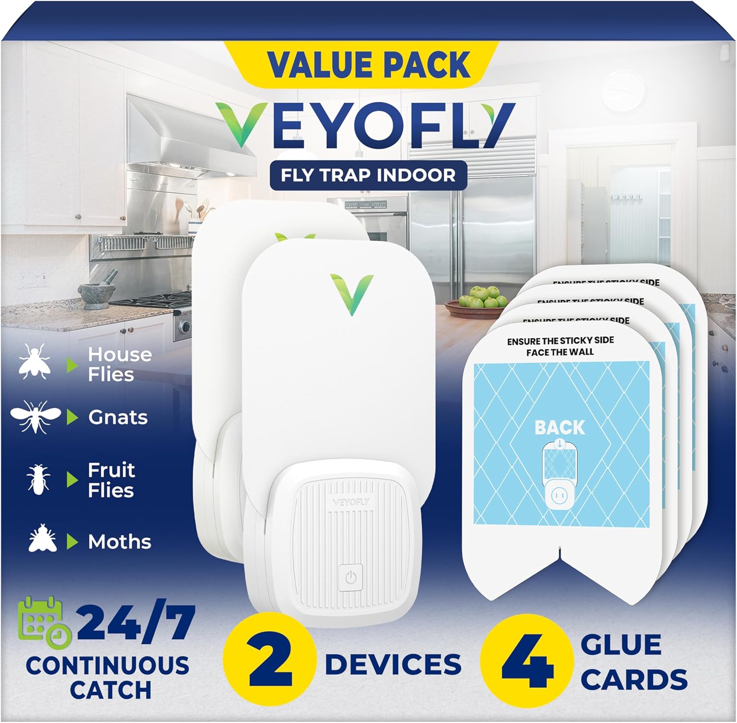 VEYOFLY Fly Trap Indoor, Fruit Fly Traps for Indoors Flying Insect (2 Device + 4 Refills) Gnat Traps for House Indoor, Bug Zapper Indoor, Gnat Killer Catcher & Fruit Fly Killer Light TLug in