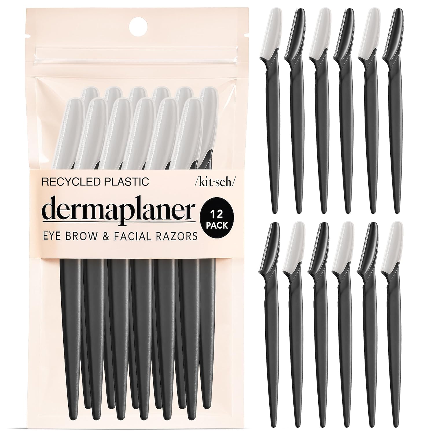 Kitsch DermaTLane Razor for Women Face – Face Razors for Women & Men, Eye Brow Razors & Face Shaver – Exfoliating Facial Razor & DermaTLaner as Skin Care Tool for Smoother Skin - Black, 12 pcs