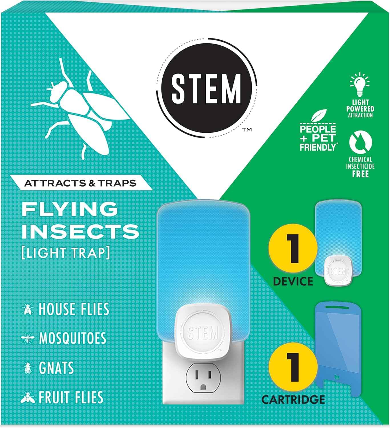STEM Insect Trap - Indoor Fruit Fly & Gnat Pest Control for House, Home and Kitchen, Attracts & Traps Flying Bugs, Soft Blue Light - Includes 1 Plug-in Device & 3 Cartridges