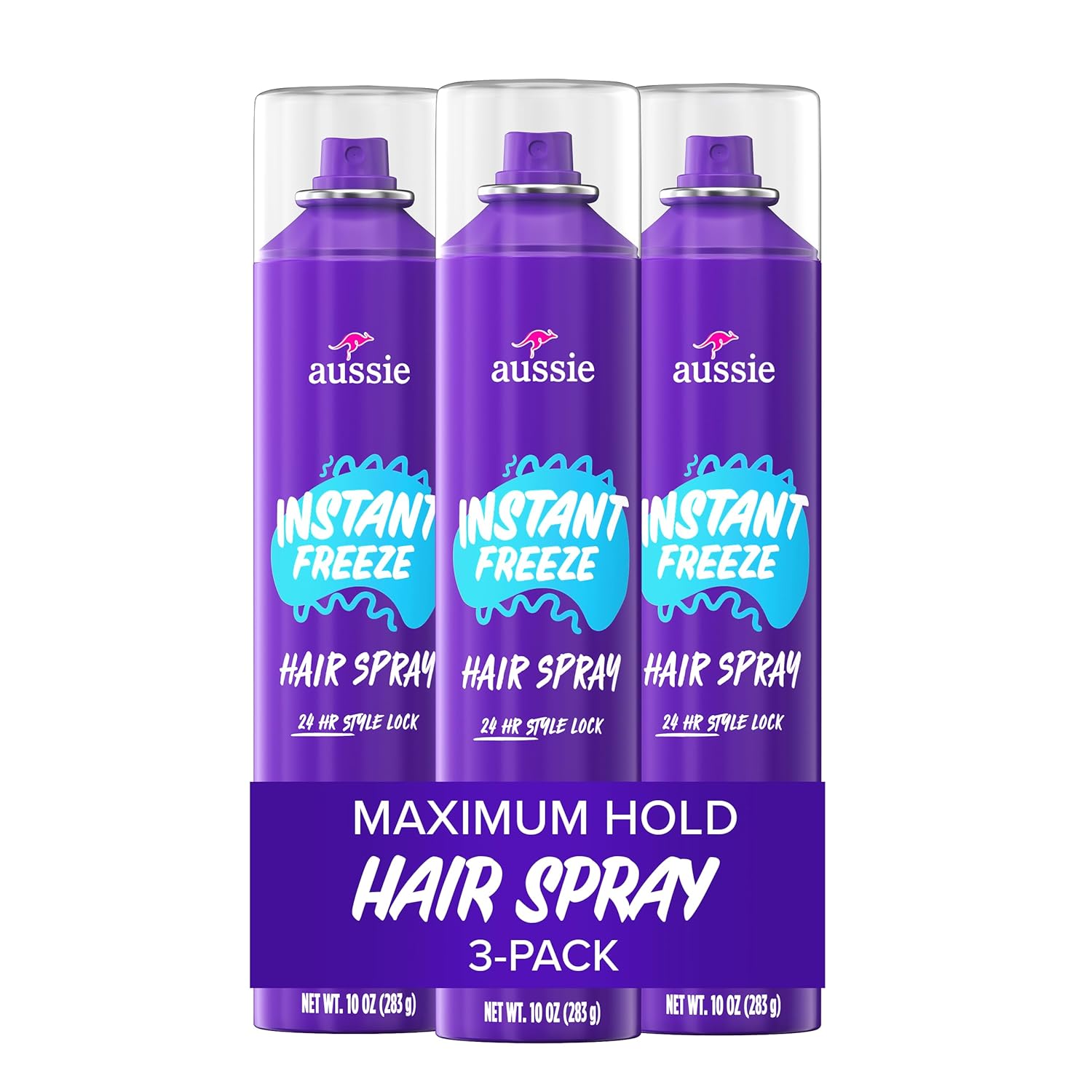 Aussie Instant Freeze Hair Spray for Extreme Hold, Infused with Jojoba Oil & Sea Kelp, Long-Lasting All-Day Fresh Citrus Scent, Safe for All Hair Types, 10 Fl Oz, 3 Pack
