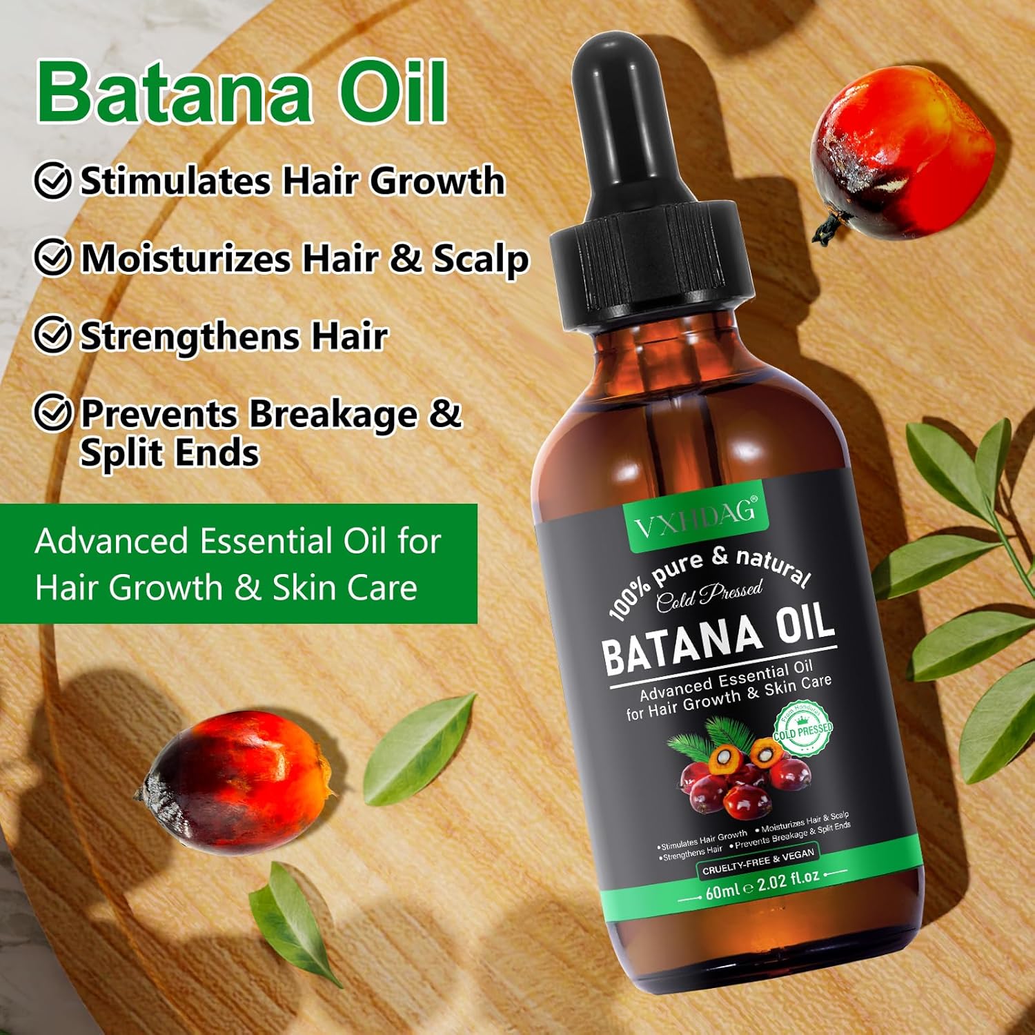 Batana Oil - 100% Pure & Natural from Honduras for Hair Growth, Eliminates STLit Ends, Enhances Radiance & Nourishment for All Hair Types, 2.02 fl oz