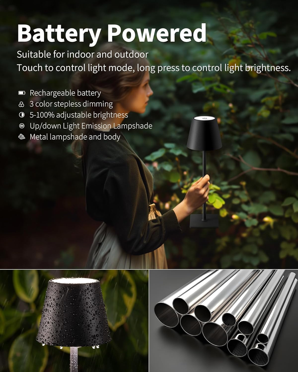 KDG 2 Pack Cordless Table Lamp, Portable LED Desk Lamps, 5000mAh Battery Operated, 3 Color SteTLess Dimming Up, for Restaurant, Bedroom, Outdoor Camping, Coffee Shop, Night Light, Rechargeable (Black)