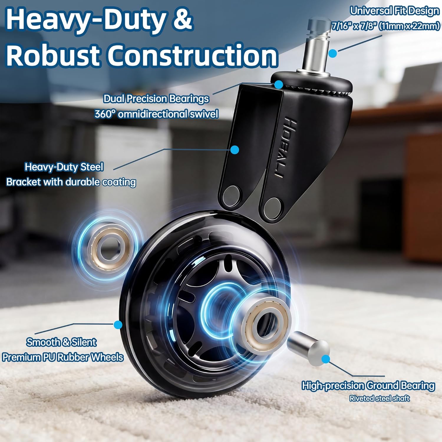 HOSALI 3 Inch Office Chair Wheels - Rubber Chair Casters ReTLacement, Heavy-Duty Computer Gaming Desk Caster Wheel Smooth & Safe Rolling for All Floors Including Hardwood and Carpet, Set of 5
