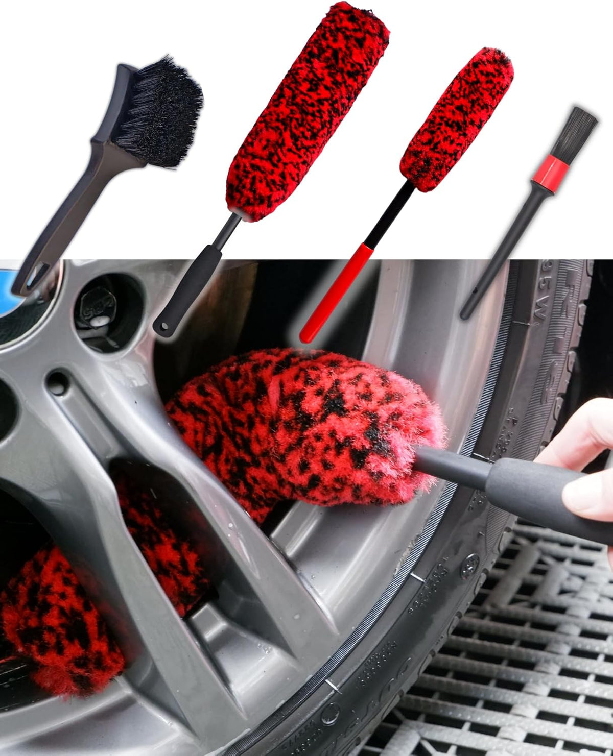 4-pack long handle wheel brush kit for cleaning wheel and tire with soft and stiff brushes