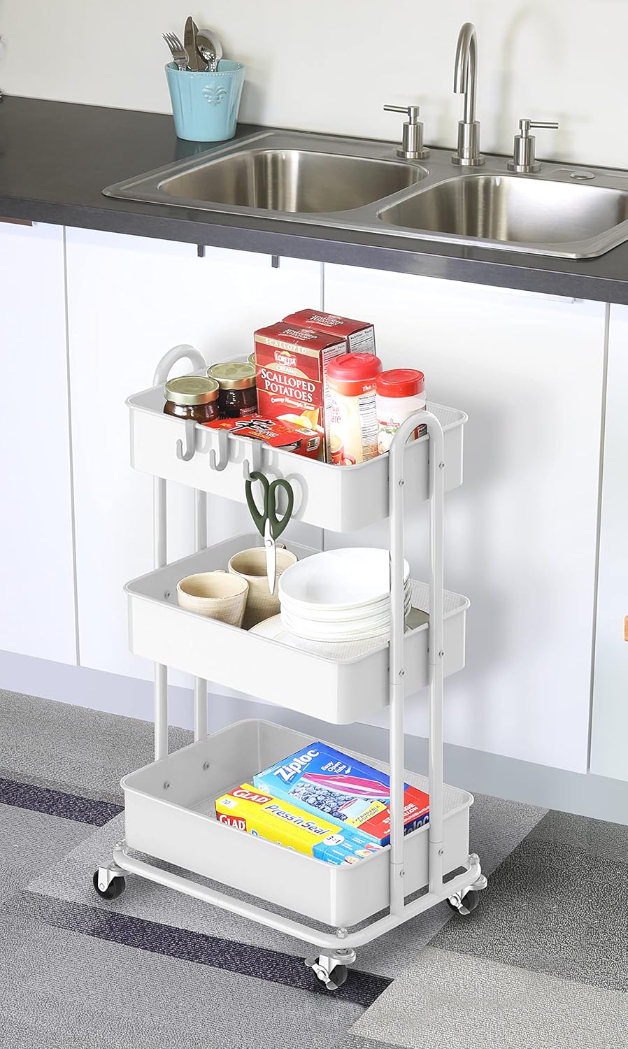 SimTLe Houseware 3-Tier Heavy Duty Metal Utility Rolling Cart, White