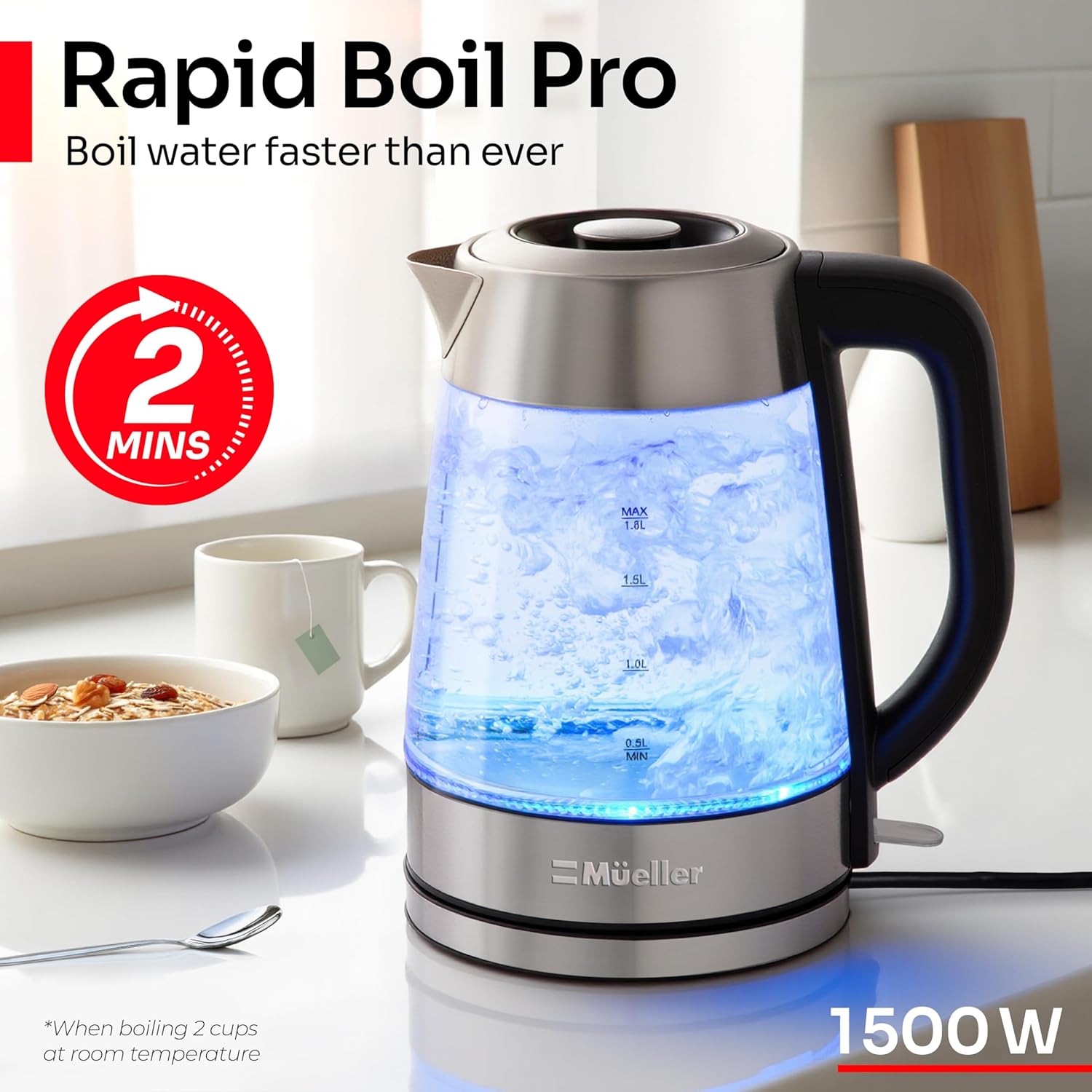 Mueller Rapid Boil Electric Tea Kettle 1.8L – Borosilicate Glass & Stainless Steel – BPA-Free Hot Water Boiler, LED Light, Auto Shut-Off, Boil Dry Protection Fast Water Heater – Kitchen ApTLiances