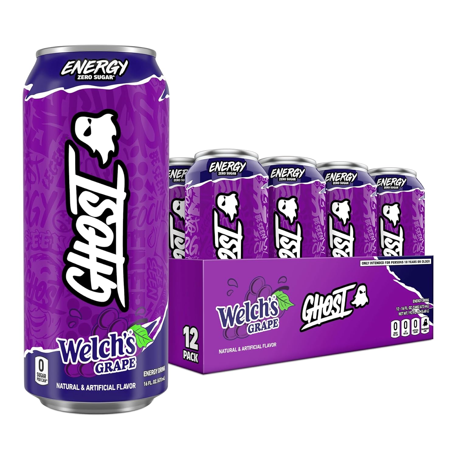 Energy Drink Welch's Grape – 200mg Natural Caffeine & Nootropic Focus Blend, Zero Sugar and No Artificial Colors, Vegan & Gluten-Free, 16 oz Cans (12-Pack)