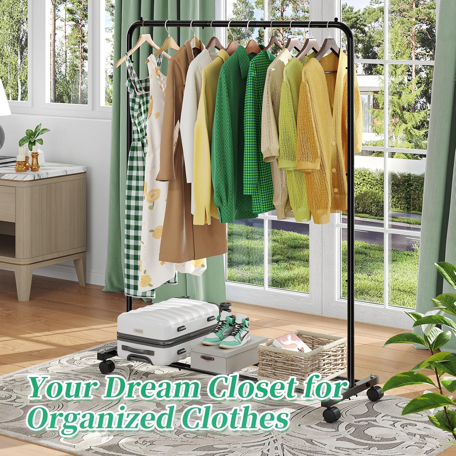 SimTLe Trending Clothing Rack for Hanging clothes, Portable Garment Rack with Bottom Shelf, Metal Clothes Rack on Wheels for Bedroom, Laundry Room, Black