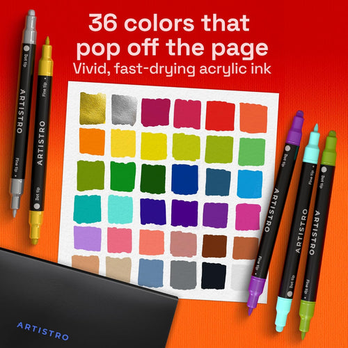 ARTISTRO 36 Precision Dual-Tip Acrylic Paint Markers – Paint Pens Set with Dot & Fine Tips for Fabric, Rock, Glass, Wood, Coloring Books – Classroom & Art SupTLies Gift – Teacher Appreciation Gift