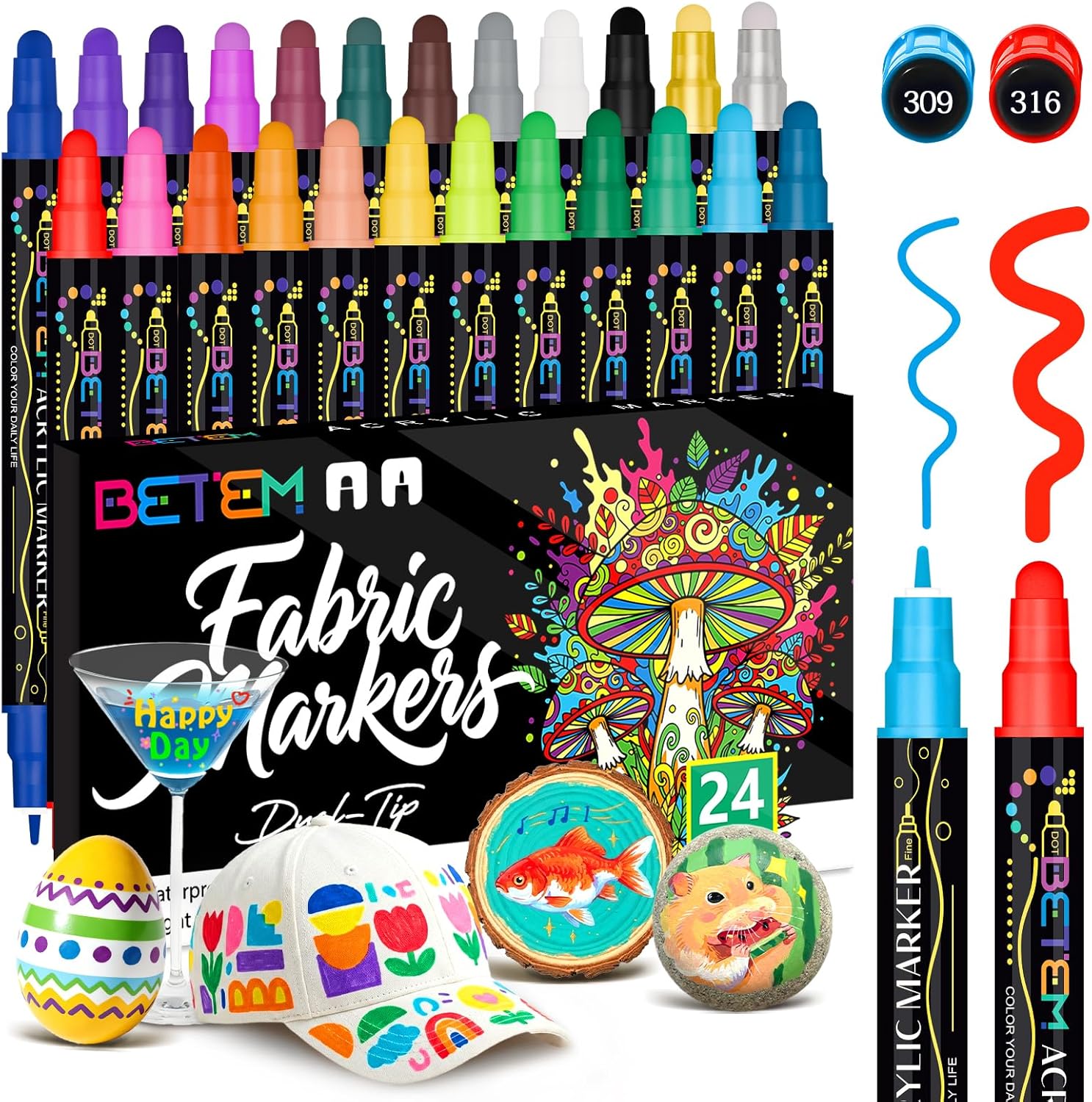 Betem 24 Colors Dual Tip Acrylic Paint Markers, Fabric Decorating Kits Premium Water-Based Acrylic Paint Pens Art SupTLies for Fabric, Rock, Wood, Glass, Canvas, Ceramic, Teacher Appreciation Gift