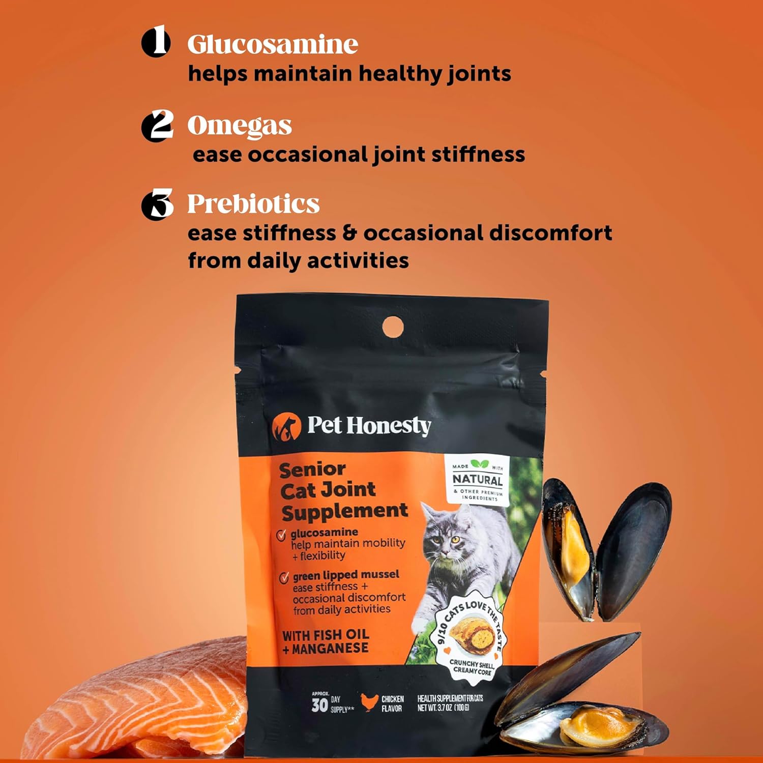 Cat Hip + Joint Health Chews – Crunchy & Creamy Cat Joint Support SupTLement - Glucosamine, Chondroitin & Omega-3s – Supports Mobility, Flexibility & Comfort for Indoor & Outdoor Cats (Chicken 30-Day)