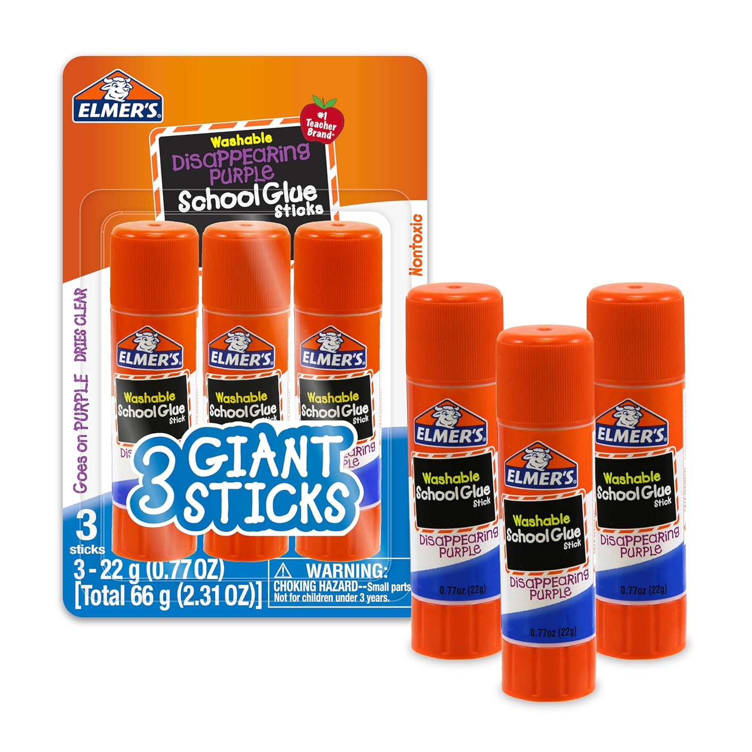 Elmer's Disappearing PurTLe School Glue Sticks, Washable, 22 Grams, 3 Count - Poster, Vision Board, Back to School SupTLies, #1 Teacher Brand