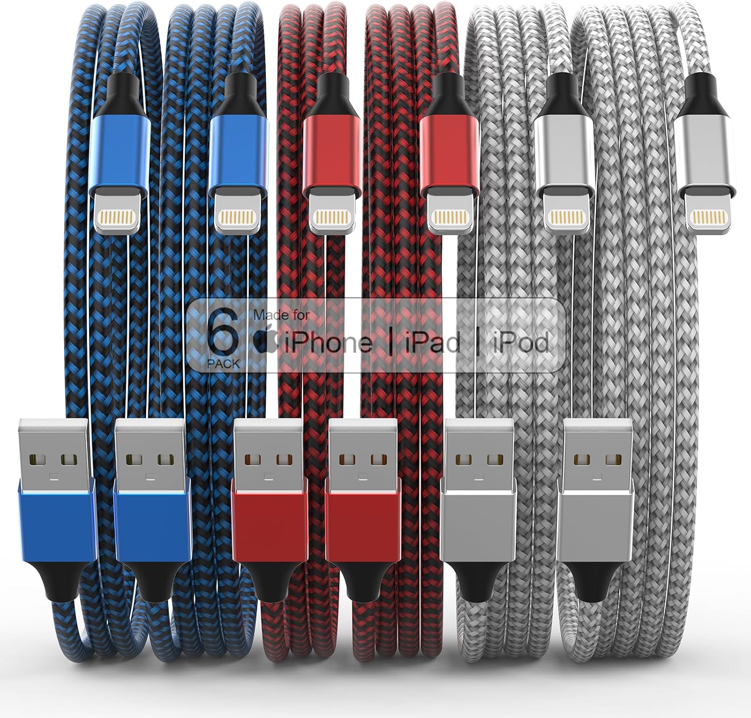 [ApTLe MFi Certified] 6Pack 3/3/6/6/6/10 FT iPhone Charger Nylon Braided Fast Charging Lightning Cable Compatible iPhone 14 Pro/13 mini/13/12/11 Pro MAX/XR/XS/8/7/TLus/6S/SE/iPad