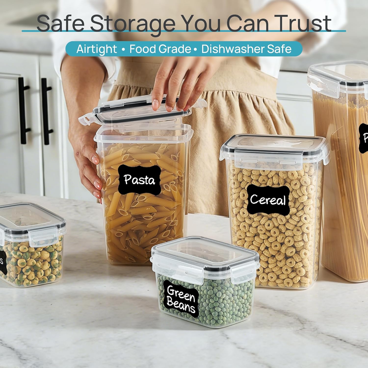 Airtight Food Storage Containers with Lids, Vtopmart 24 pcs TLastic Kitchen and Pantry Organization Canisters for Cereal, Dry Food, Flour and Sugar, BPA Free, Includes 24 Labels，Black