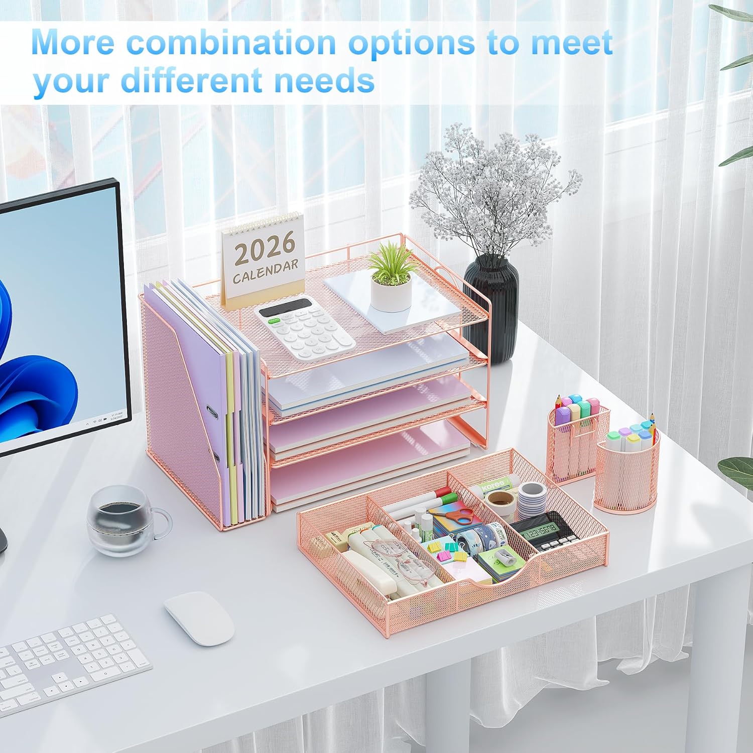 gianotter Desk Organizers and Accessories with File Holder, 4-Tier Desk Accessories & Workspace Organizers with Drawer and 2 Pen Holder, Paper Organizer for Office SupTLies (Rose Gold)