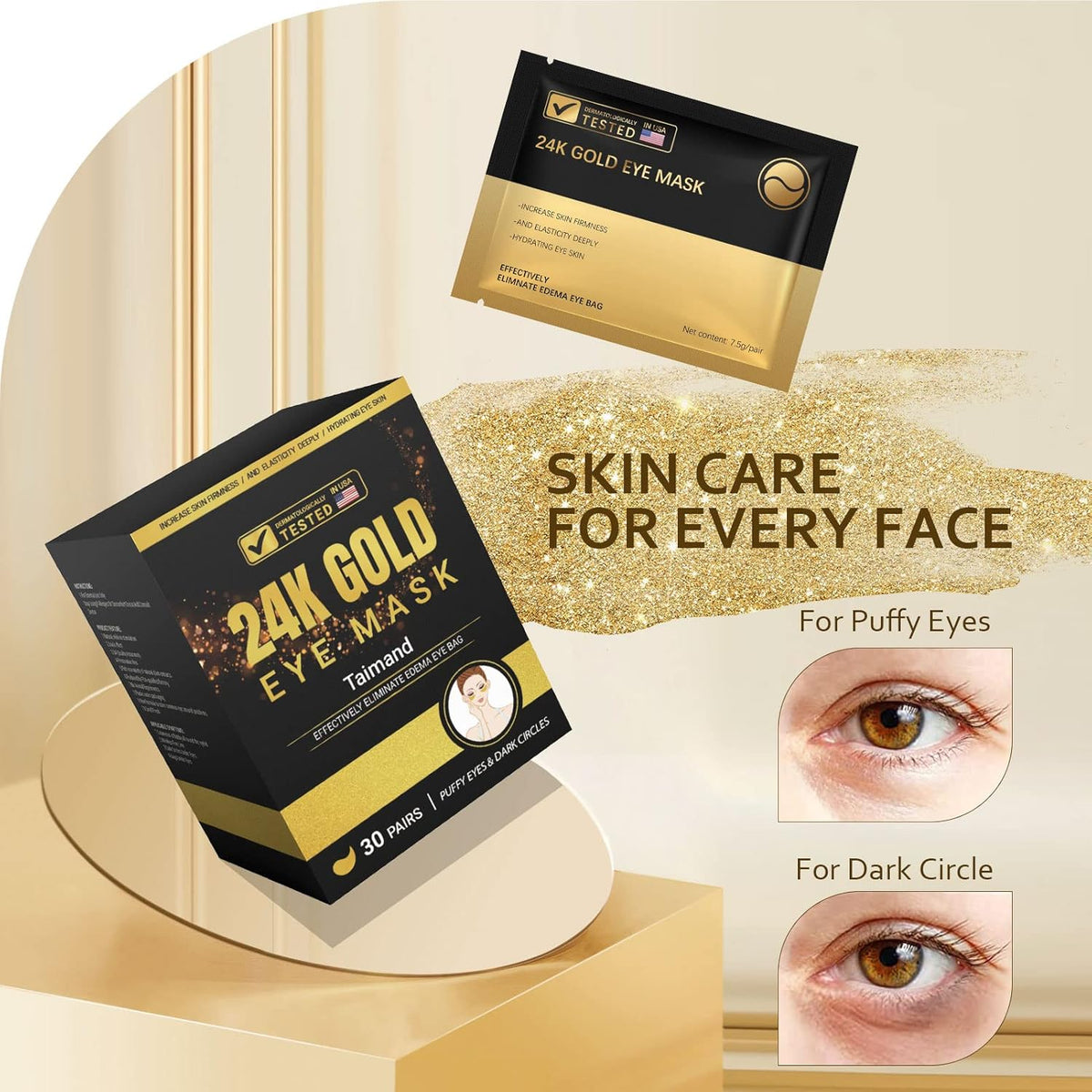 24K Gold Under Eye Patches (30 Pairs) for Puffy Eyes, Dark Circles, Wrinkles and Skin Revitalisation