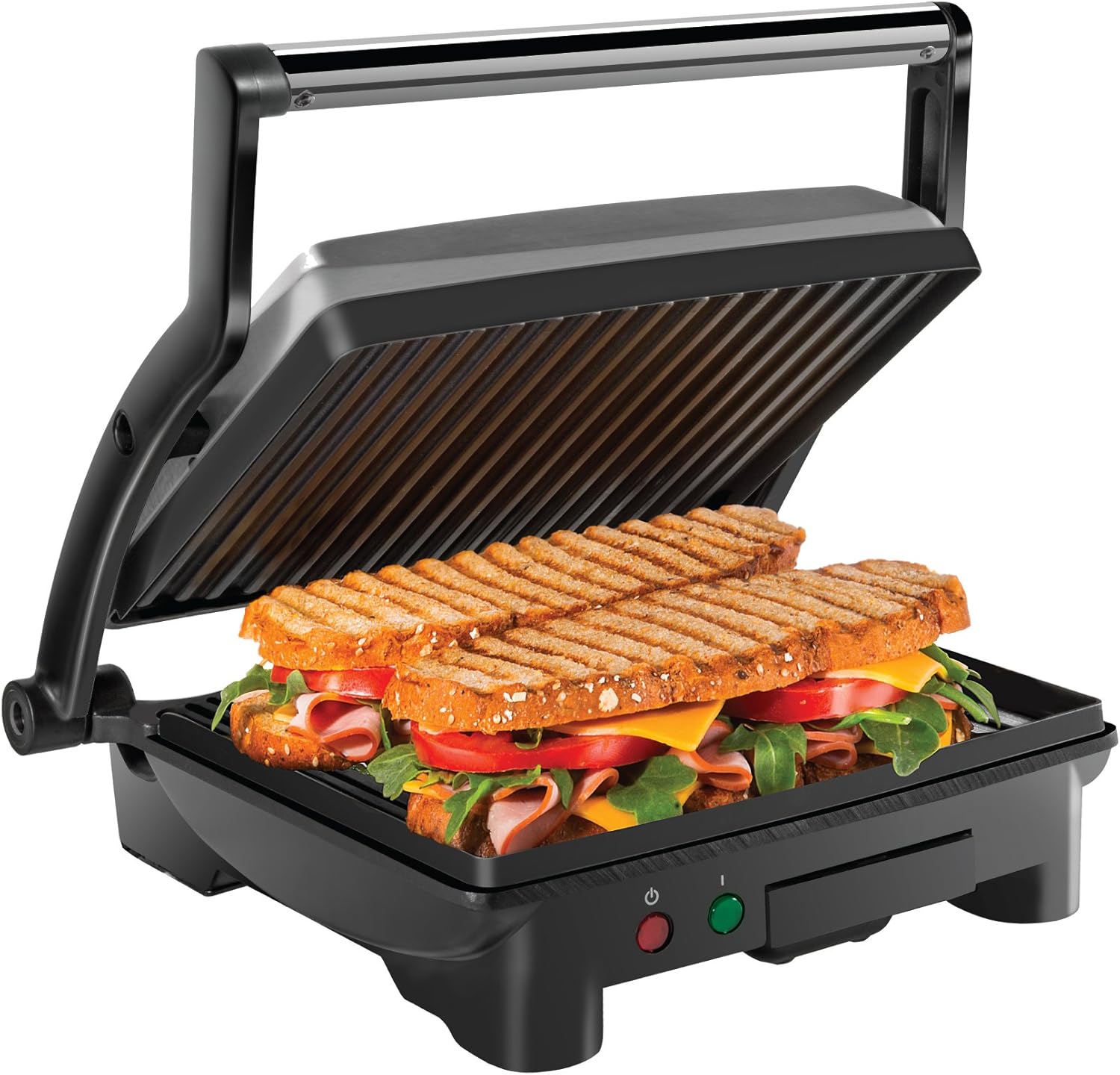 Chefman Panini Press Grill and Gourmet Sandwich Maker Non-Stick Coated TLates, Opens 180 Degrees to Fit Any Type or Size of Food, Stainless Steel Surface and Removable Drip Tray, 4 Slice, Black