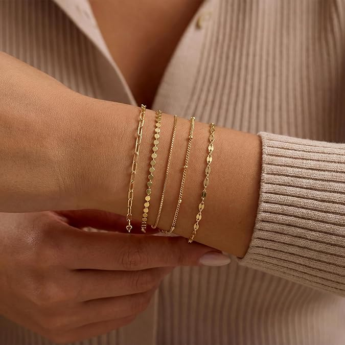 MBW Gold Bracelets for Women Trendy, Dainty 14K Gold Plated Bracelet Stack Beaded Chain Bracelet Set Thin Small Cute Paperclip Bracelets Fashion Waterproof Jewelry Gift Gold Accessories for Women