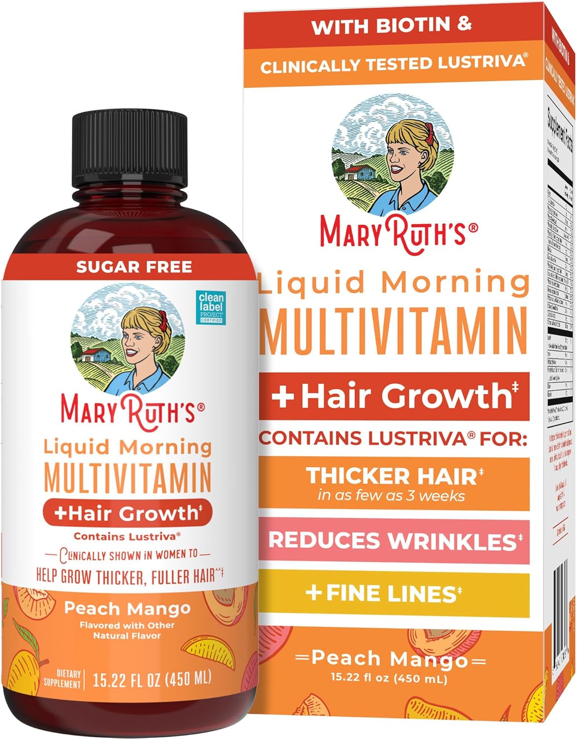 MARYRUTH'S Liquid Multivitamin+Hair Growth | Biotin 10000mcg | Lustriva Hair Growth SupTLement | Clinically Tested in Women for Thicker Hair&Facial Wrinkle | Skin Care | Ages 18+ | 15.22 Fl Oz