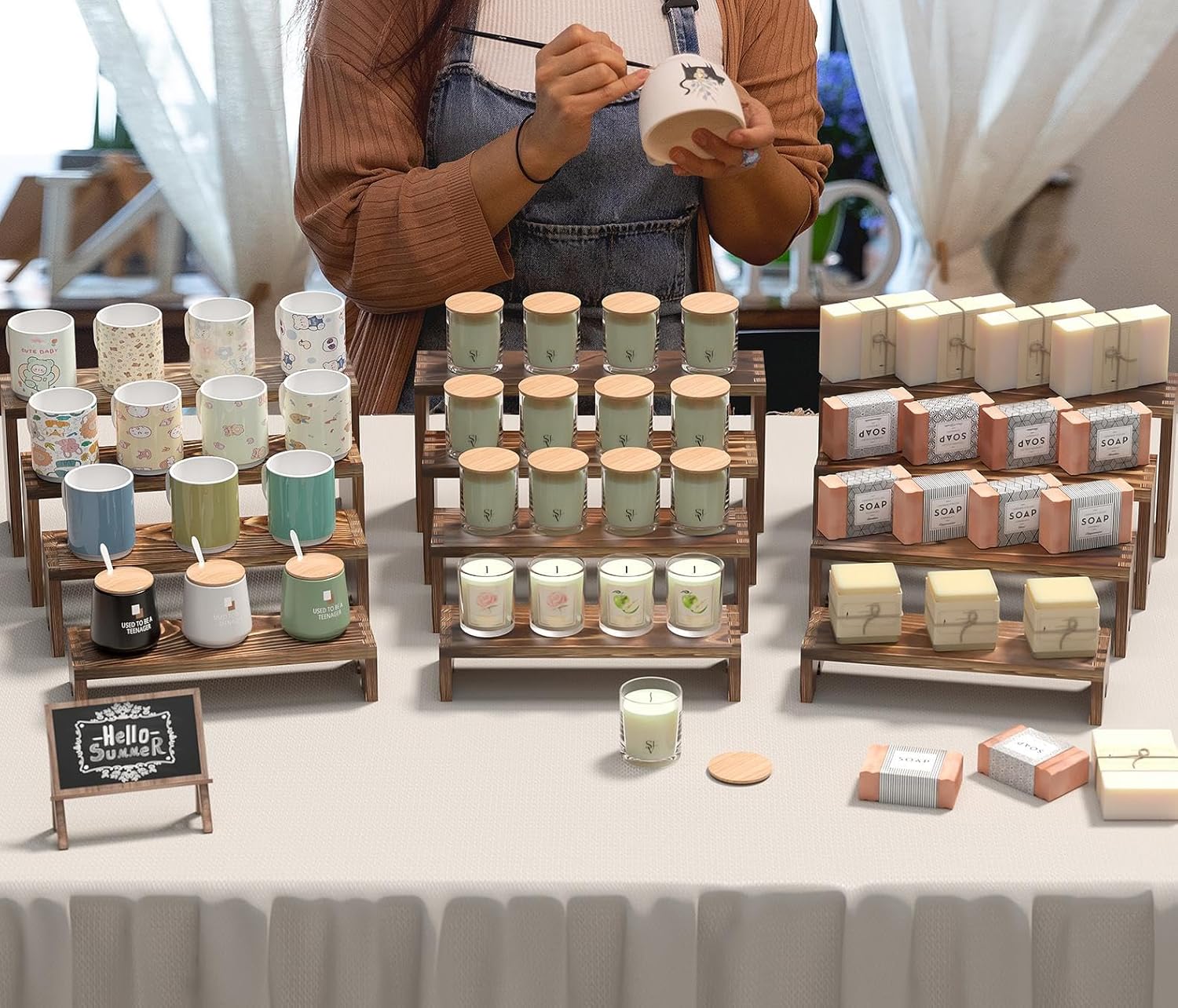 2 Set Wooden Tiered Risers DisTLay Stands for Vendor Events,Stackable Wooden Cupcake DisTLay Stand,Farmhouse Decor Wood Dessert Table DisTLay Set,Vendor Booth DisTLay Items,Food DisTLay Risers for Party（12-11.2-10.4-9.6IN）