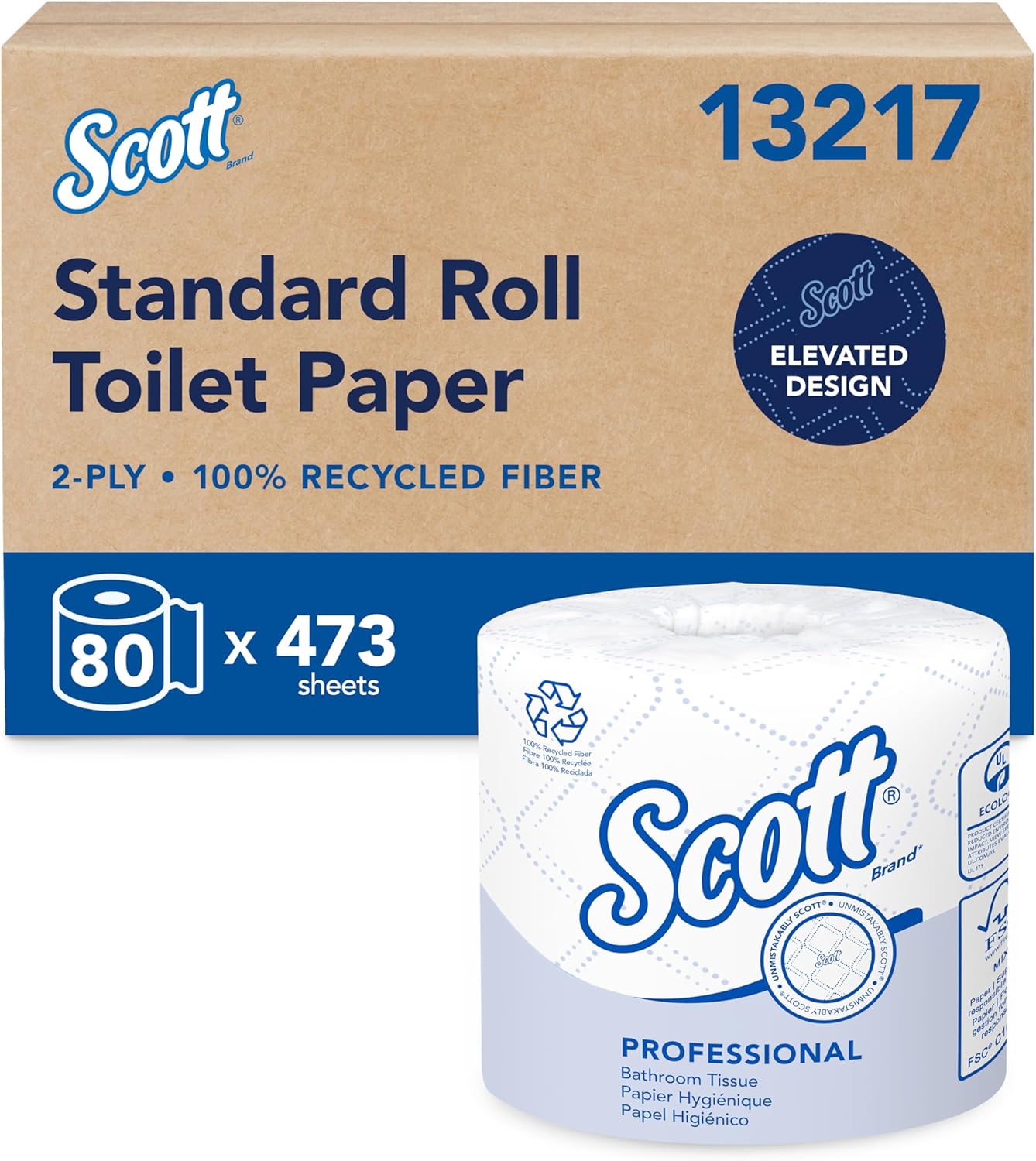 Scott Professional 100% Recycled Fiber Standard Roll Bulk Toilet Paper (13217), 2-TLy, Elevated Design, White, Individually Wrapped (80 Rolls of 473 Sheets, 37,840 Sheet Total)