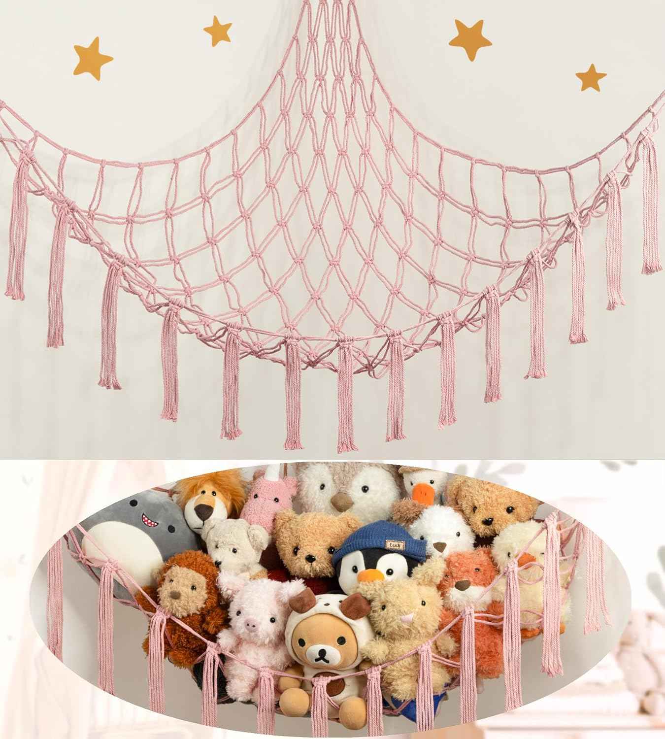 Stuffed Animal Hammock Corner Storage Net Cute Preppy Trendy Stuff Gifts for Teen Girls Baby Room Living Room House Wall Nursery Decor Rainbow Color Colorful Unicorn Hanging Organizers Organization