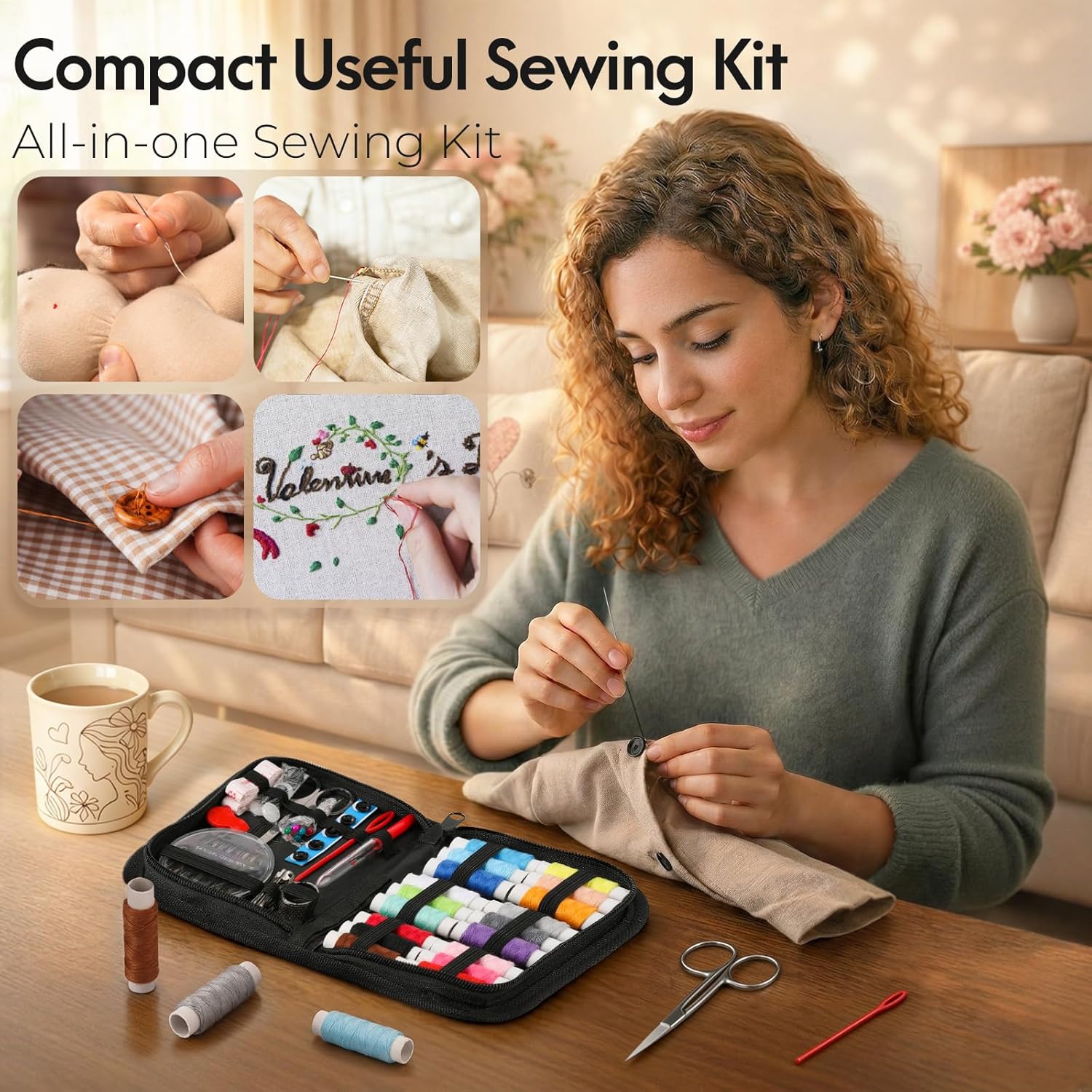 Coquimbo Sewing Kit Mothers Day Gifts for Mom Grandma Women Wife Teen Girls Beginner Traveler, Portable Sewing SupTLies Accessories Contains Thread, Needles, Scissors, Dorm Room Essentials (Black)