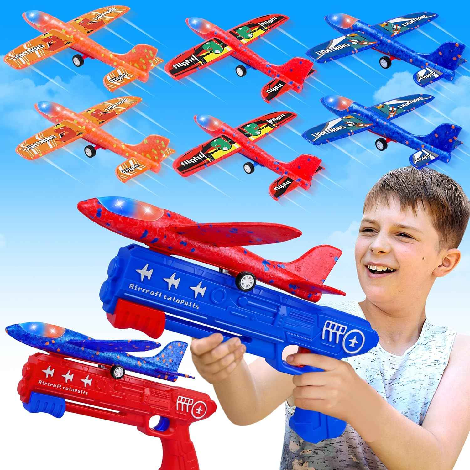 3 Pack Airplane Launcher Toys, 2 Flight Modes LED Foam Glider Catapult Plane, Outdoor Flying Toy for Kids, Birthday Gifts for Boy Girl 3+ Year Old, B-Day Party Supplies