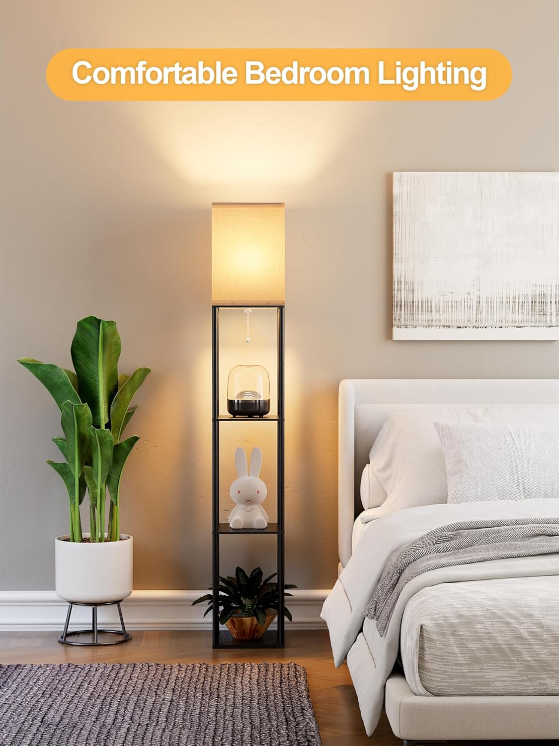 Floor Lamp with Shelves for Living Room, Shelf Floor Lamp with 3 CCT LED Bulb, Corner DisTLay Standing Column Lamp Etagere Organizer Tower Nightstand with White Linen Shade for Bedroom, Office