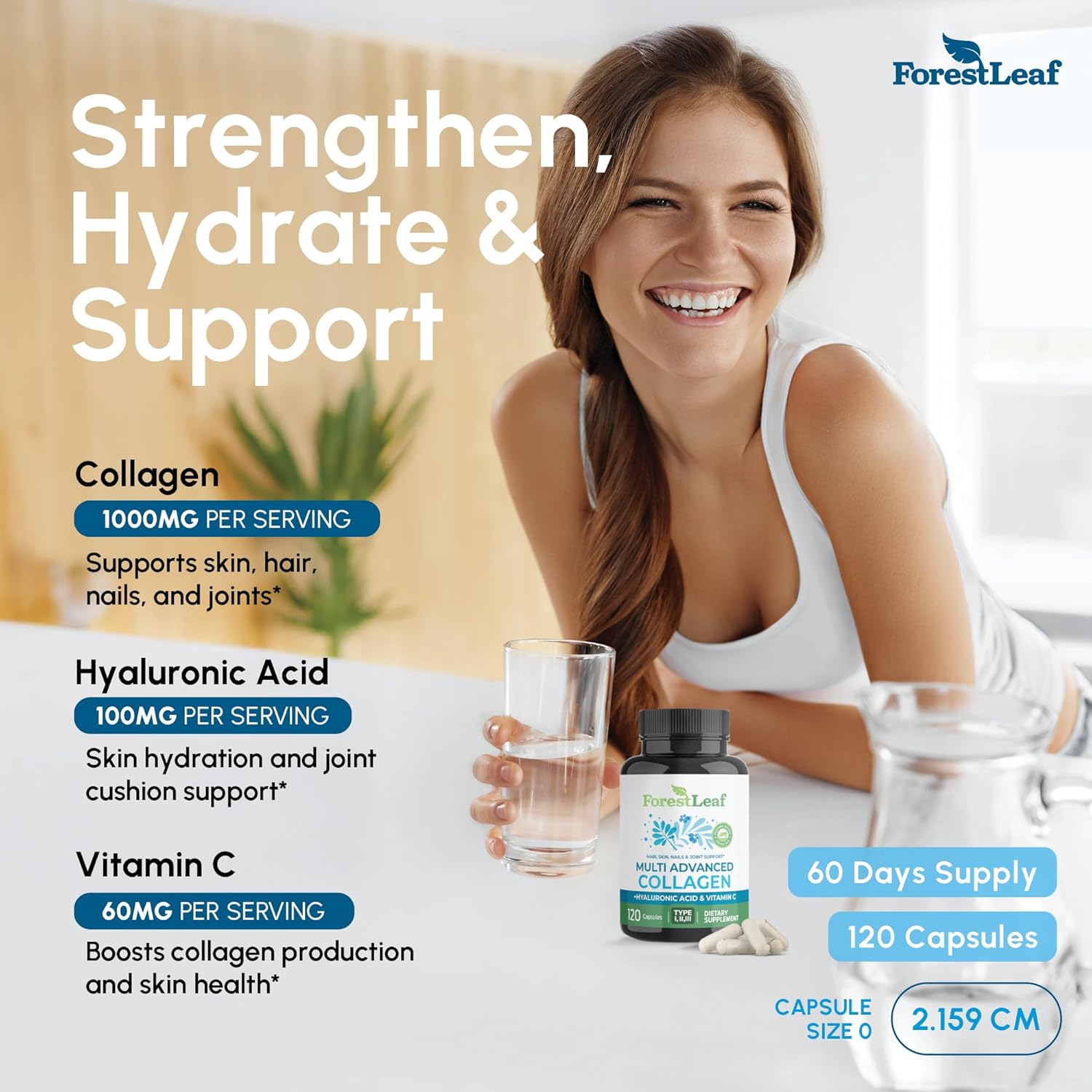 ForestLeaf Multi Collagen Pills with Hyaluronic Acid + Vitamin C | Hydrolyzed Collagen SupTLements for Women or Men | Multi Collagen Capsules Peptides for Skin, Wrinkles, 120 Caps