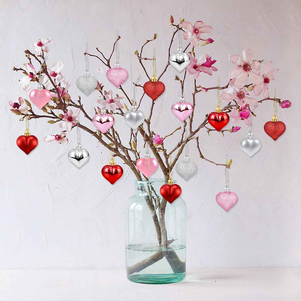 36Pcs Valentines Heart Shaped Ornaments - Valentines Heart Decorations - Red Pink Silver Glitter Heart Shaped Baubles - Romantic Christmas Valentines Tree Hanging Decorations