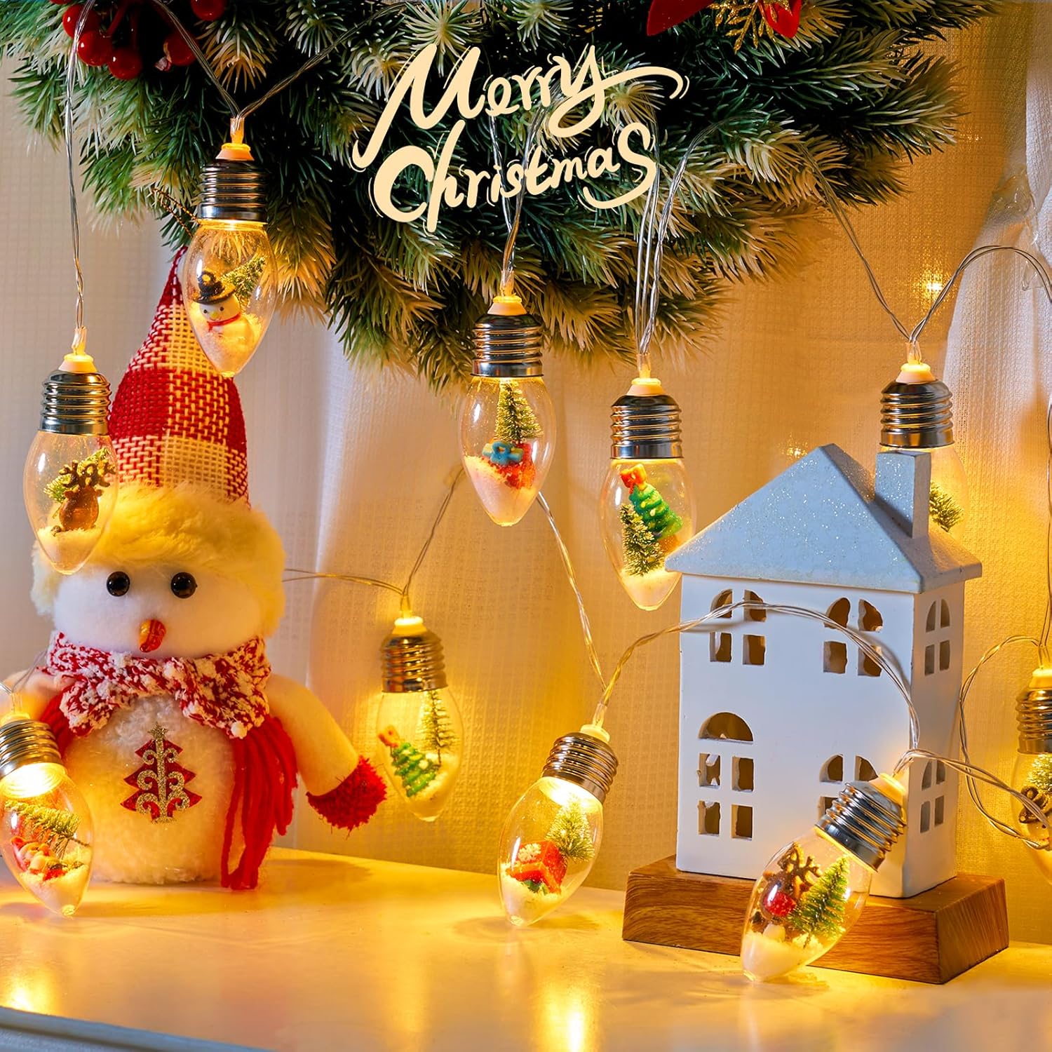 Vintage-Christmas-Lights-Indoor-String-Lights, 7.5Ft C9 Christmas Snow Globe String Lights with Tree & Snow & Cute Ornaments, 8 Modes Battery Operated Lights for Tree Garland FireTLace Xmas Decor