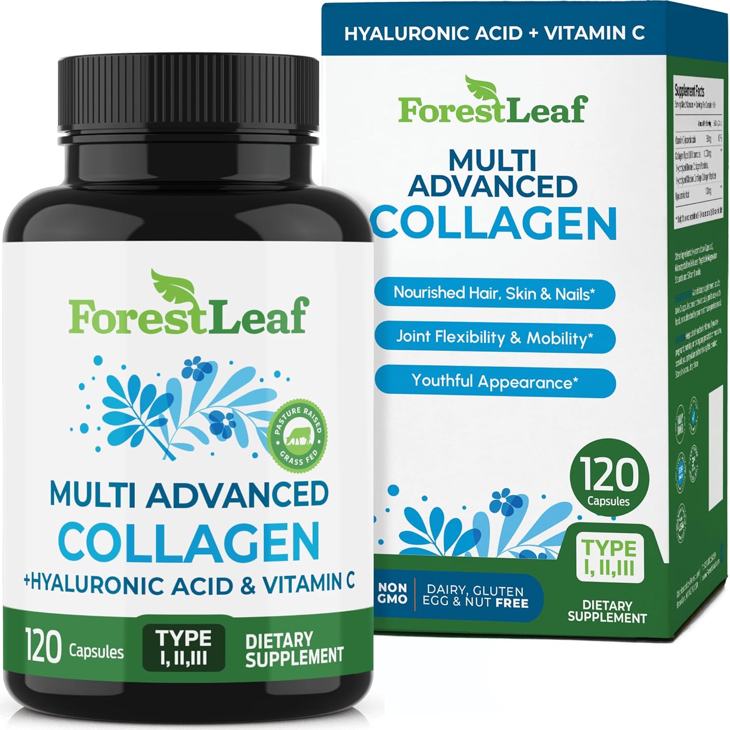 ForestLeaf Multi Collagen Pills with Hyaluronic Acid + Vitamin C | Hydrolyzed Collagen SupTLements for Women or Men | Multi Collagen Capsules Peptides for Skin, Wrinkles, 120 Caps