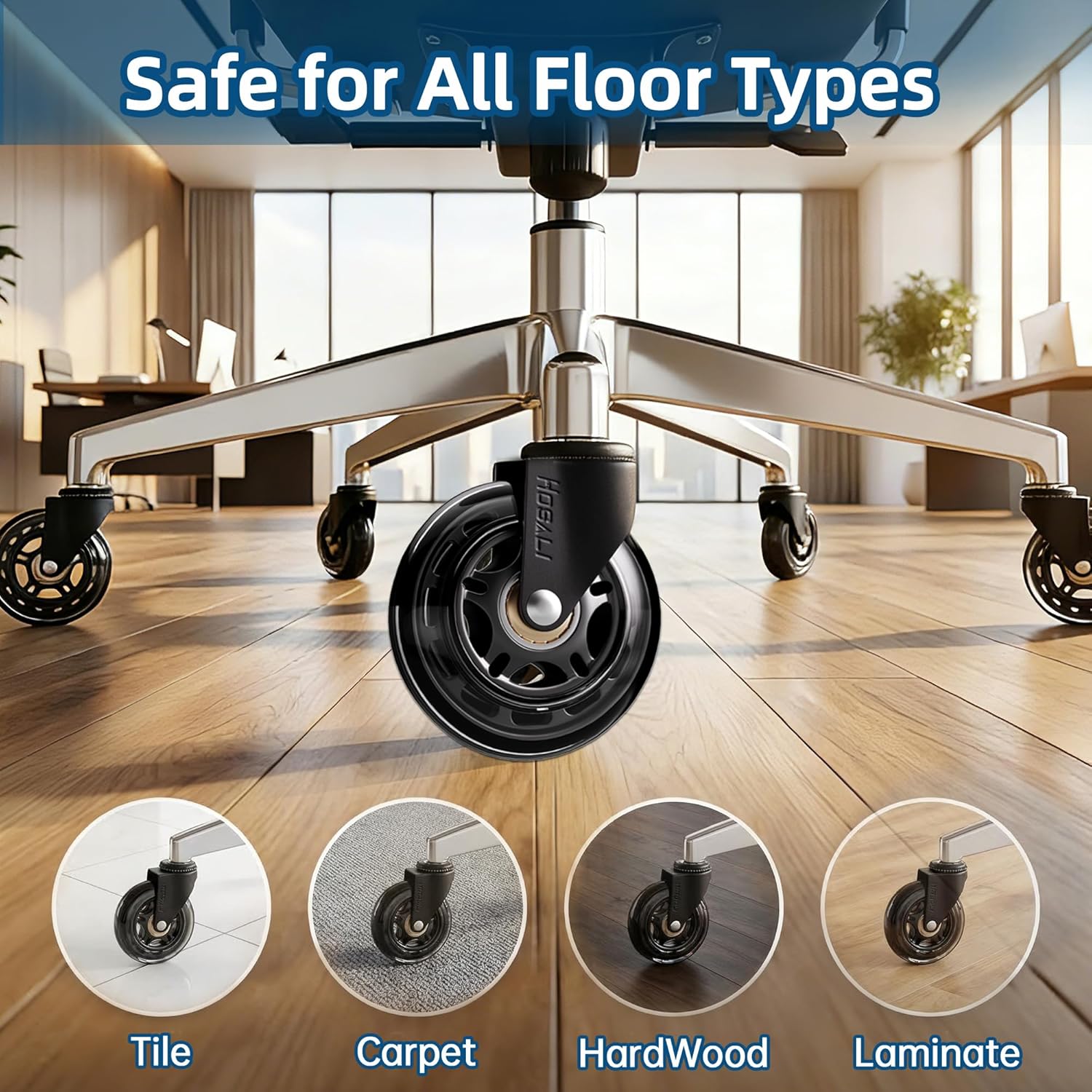 HOSALI 3 Inch Office Chair Wheels - Rubber Chair Casters ReTLacement, Heavy-Duty Computer Gaming Desk Caster Wheel Smooth & Safe Rolling for All Floors Including Hardwood and Carpet, Set of 5