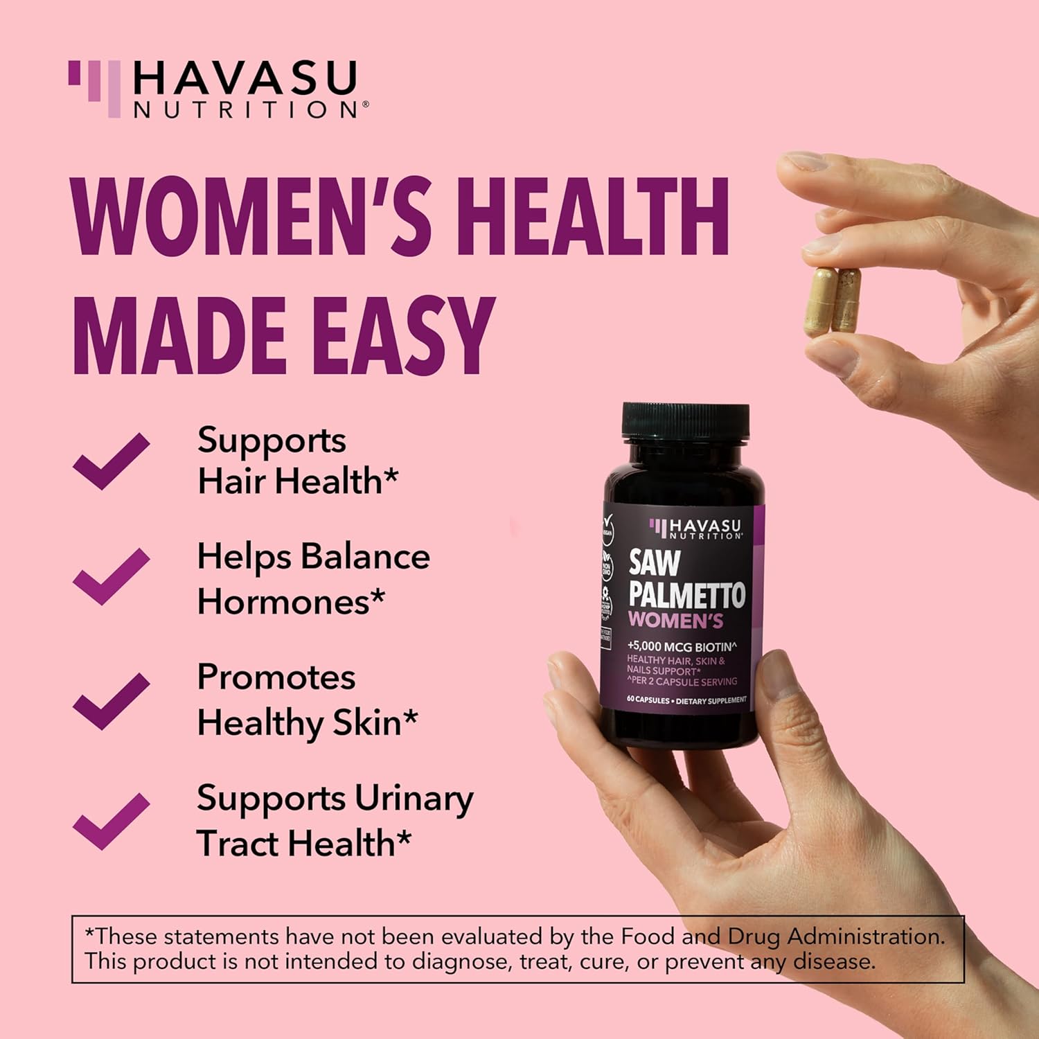 Saw Palmetto for Women with Biotin 5000mcg - Powerful DHT Blocker to Support Hair, Skin, and Nail Health - 60 Count - Vegan, Non-GMO Vitamin for Stronger, Fuller Looking Locks - 1 Month SupTLy