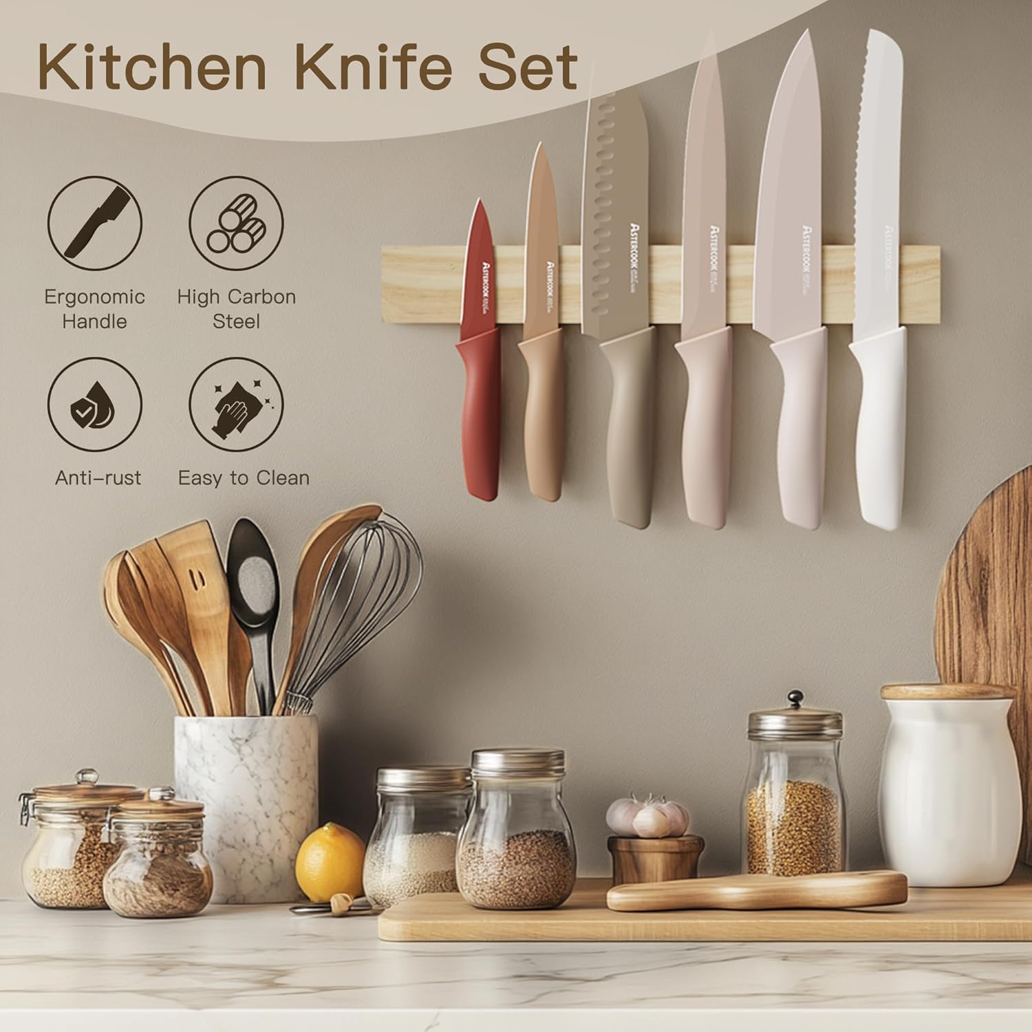Astercook Knife Set, 13 Pieces Kitchen Knives Set with Healthy Anti-Rust Coating, Dishwasher Safe, Stainless Steel Chef Knife Sets with 6 Blade Guards, Perfect Valentine's Day Gifts for Kitchen