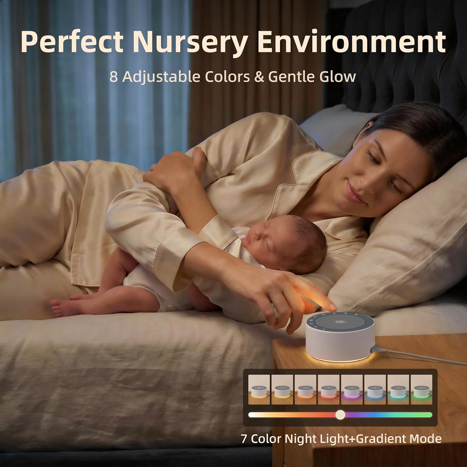 Kipcush White Noise Sound Machine with Nursery Lamp, Mood Lighting, 7 Colour Night Light, 30 Soothing Sounds for Baby/Adult. Timer, TLug in, Memory Function, Touch Control