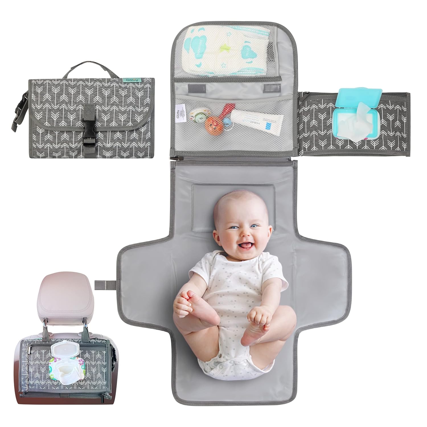 Kopi Baby Portable Diaper Changing Pad - Grey, Classic, 7.35 x 11.5 inches, Foldable, Infant Travel Station Kit, Newborn Gift