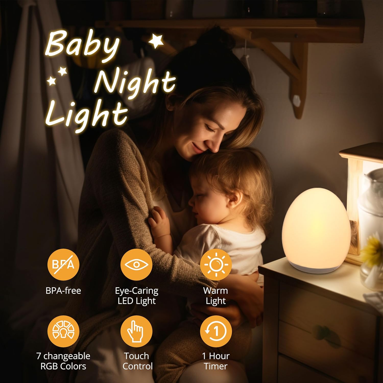 JolyWell Night Light for Kids, Baby Night Light with 7 Colors Changing Mode & SteTLess Dimming, Nursery Night Light BPA Free,Rechargeable Egg Night Light for Breastfeeding 1h Timer & Touch Control
