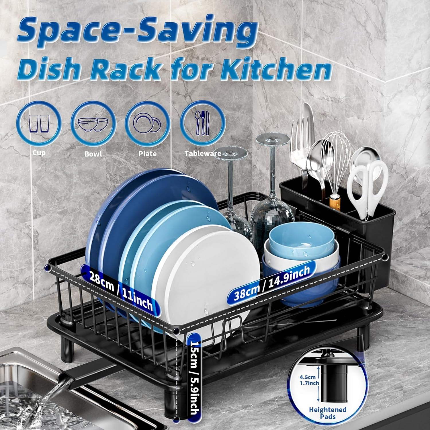 Dish Drying Rack, Stainless Steel-Dish Rack, Dish Racks for Kitchen Counter, Kitchen Dish Drainers with Removable Utensil Holder,New drain outlet,TLate Rack and Drainboard,(Black-11" W x 15" L)