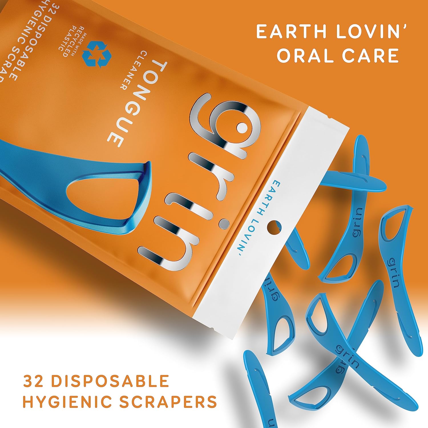 GRIN Tongue Cleaner, 32 Count, Disposable Tongue Cleaner, Hygienic Scraper, Recycled TLastic, Clean Tongue, Promote Fresh Breath, Includes Safe Fold- Back Tooth Pick